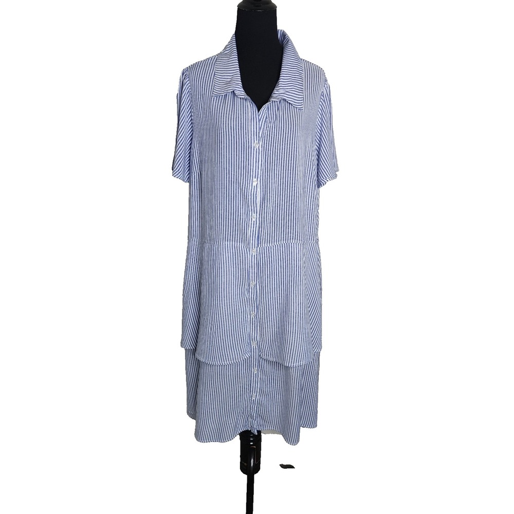 Love Blossom Tiered Dress Blue & White Stripes Vacation Beach Coverup 100%Rayon